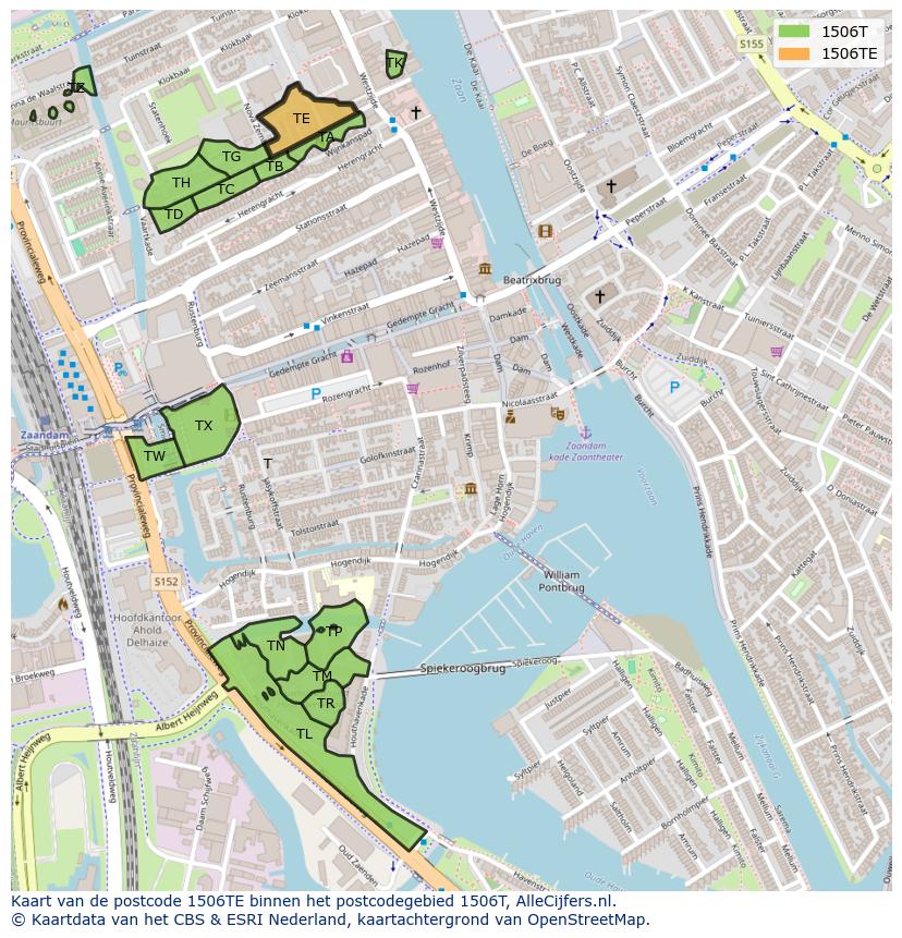 Afbeelding van het postcodegebied 1506 TE op de kaart.