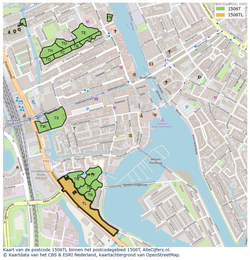 Afbeelding van het postcodegebied 1506 TL op de kaart.
