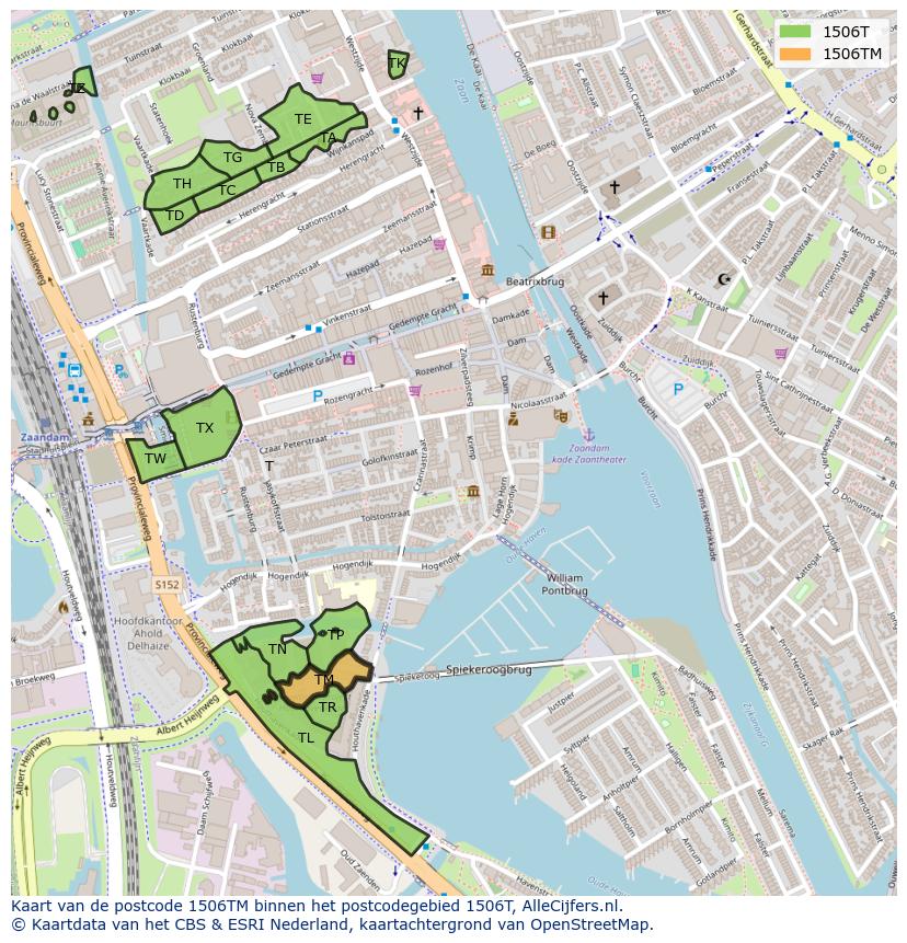 Afbeelding van het postcodegebied 1506 TM op de kaart.