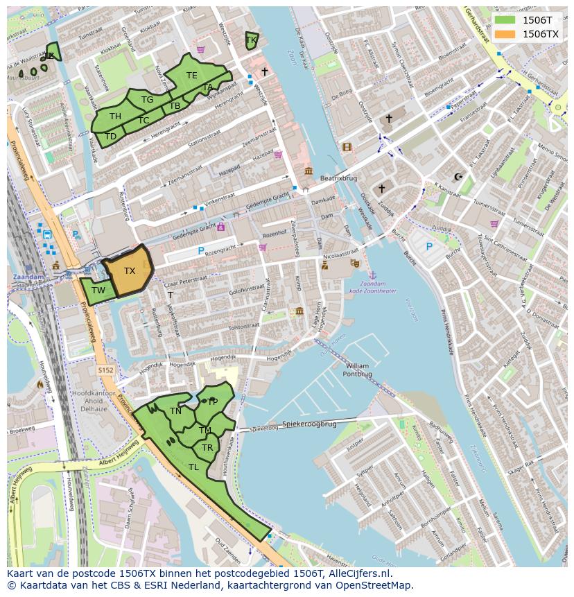 Afbeelding van het postcodegebied 1506 TX op de kaart.