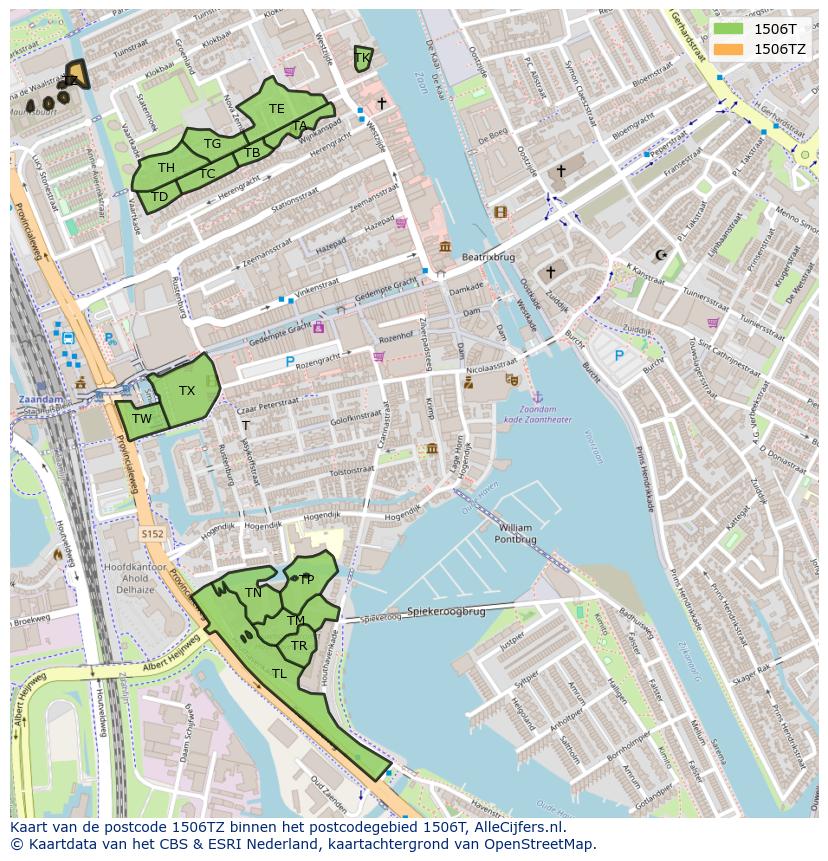 Afbeelding van het postcodegebied 1506 TZ op de kaart.