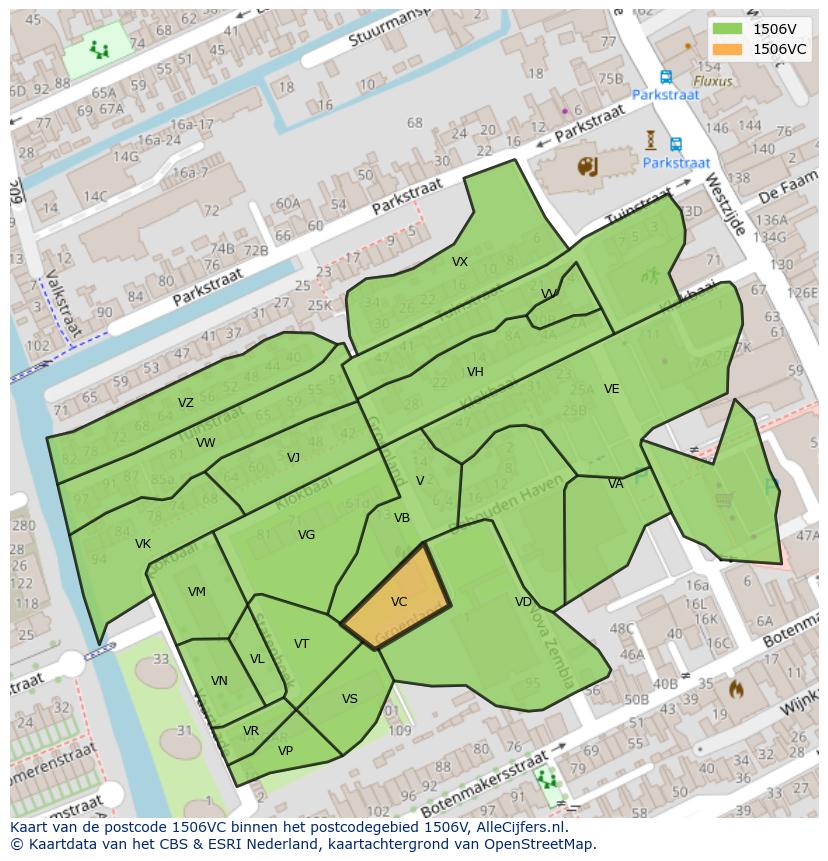 Afbeelding van het postcodegebied 1506 VC op de kaart.