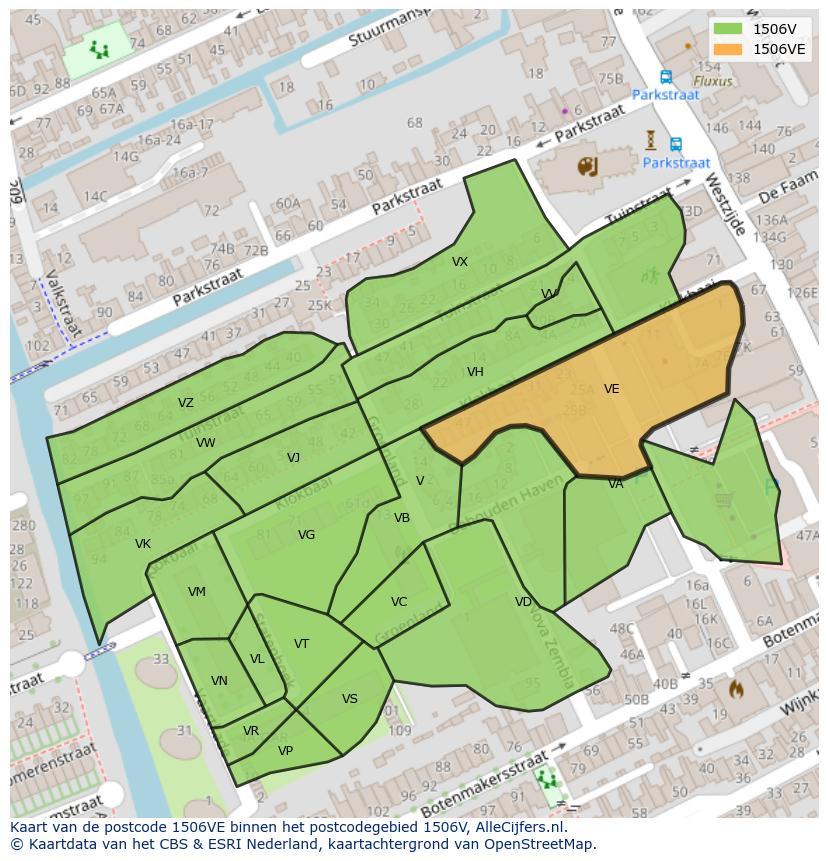 Afbeelding van het postcodegebied 1506 VE op de kaart.