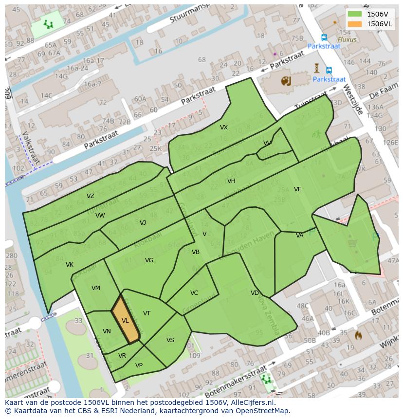 Afbeelding van het postcodegebied 1506 VL op de kaart.