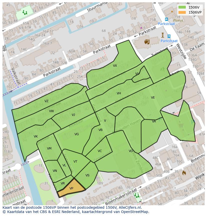 Afbeelding van het postcodegebied 1506 VP op de kaart.