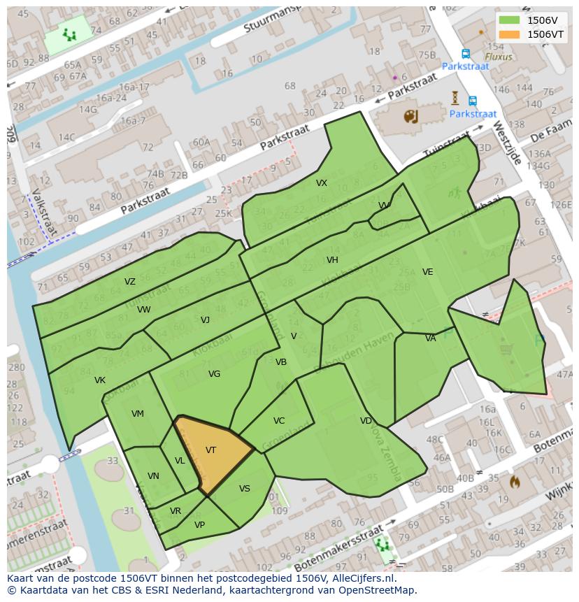 Afbeelding van het postcodegebied 1506 VT op de kaart.