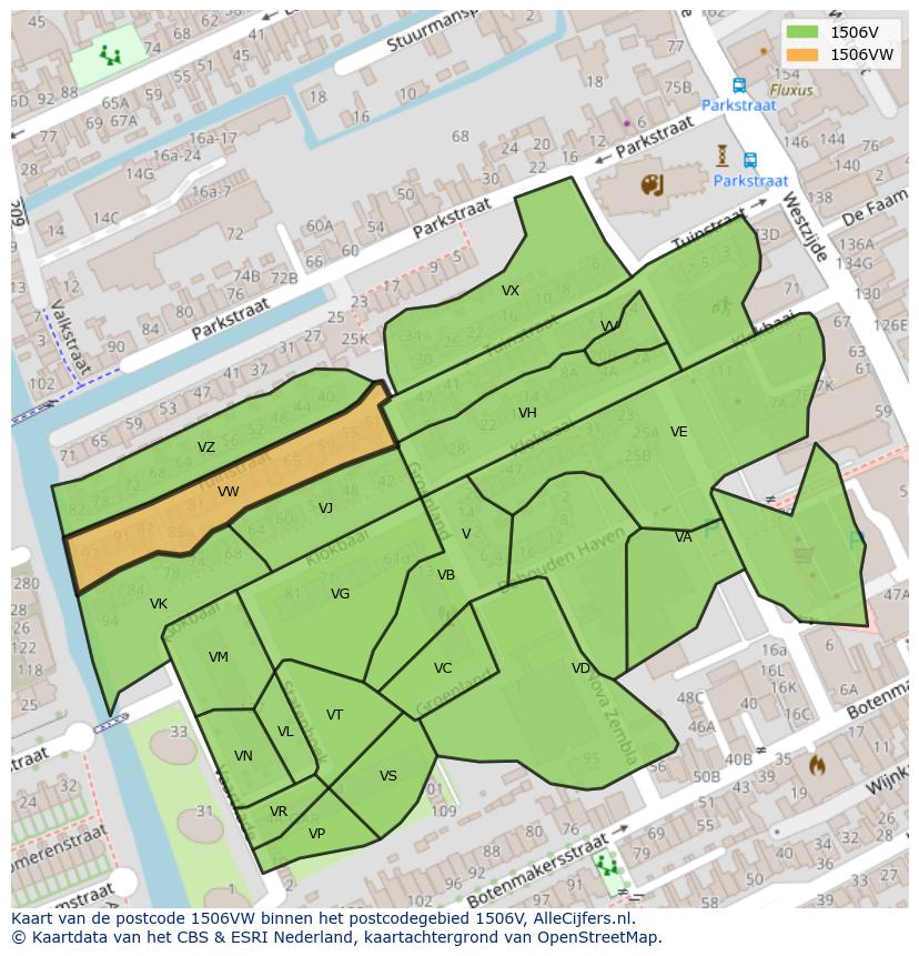 Afbeelding van het postcodegebied 1506 VW op de kaart.