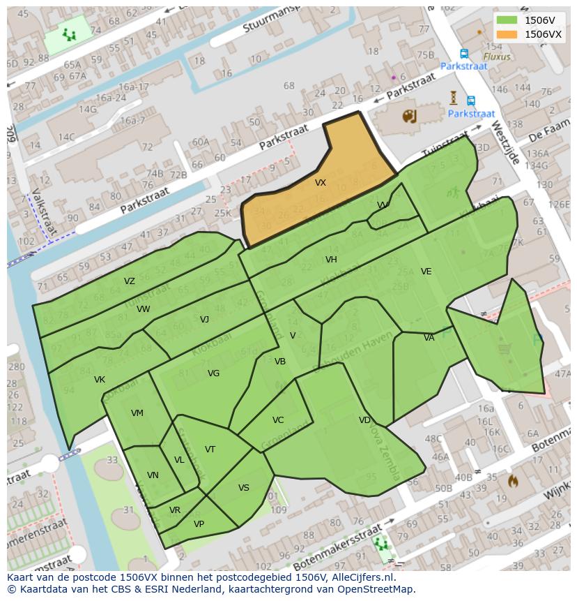 Afbeelding van het postcodegebied 1506 VX op de kaart.