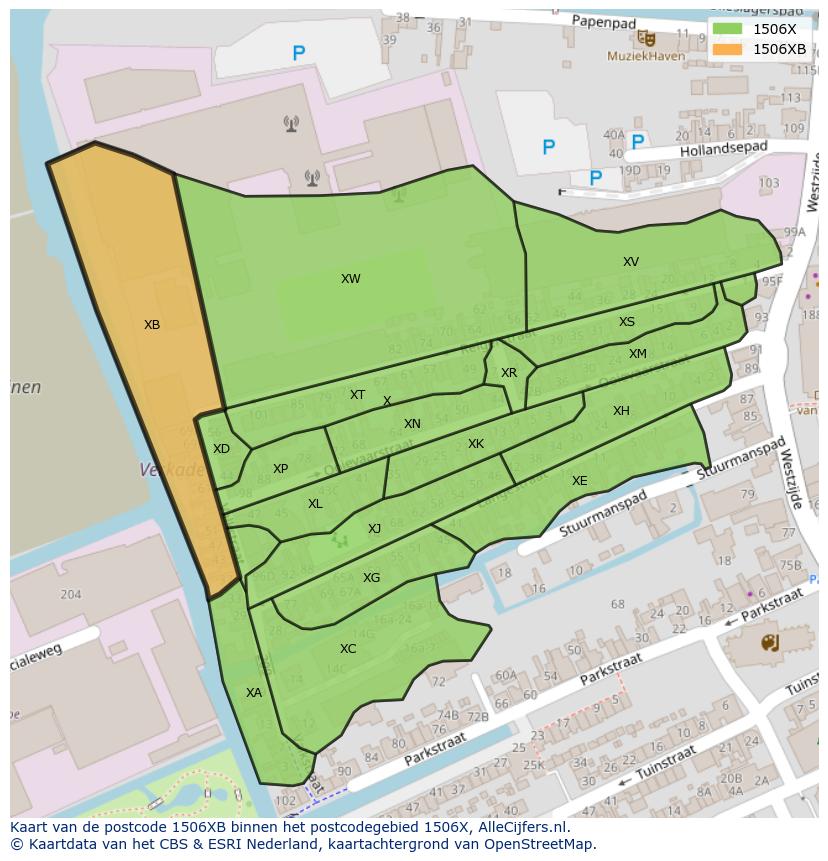 Afbeelding van het postcodegebied 1506 XB op de kaart.