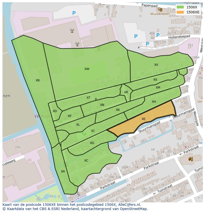 Afbeelding van het postcodegebied 1506 XE op de kaart.