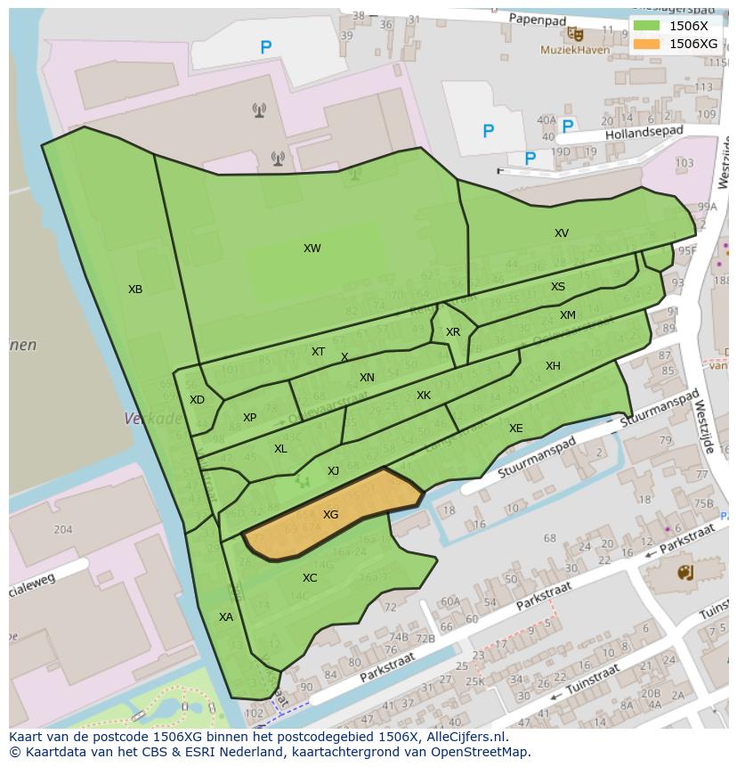 Afbeelding van het postcodegebied 1506 XG op de kaart.