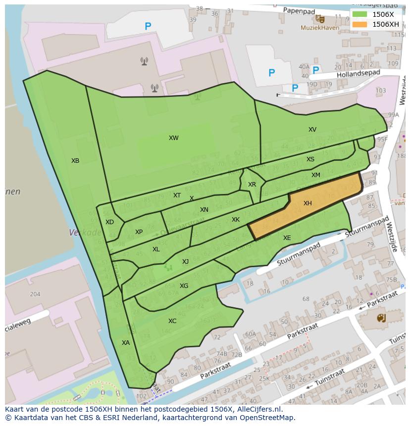 Afbeelding van het postcodegebied 1506 XH op de kaart.