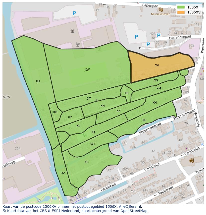 Afbeelding van het postcodegebied 1506 XV op de kaart.