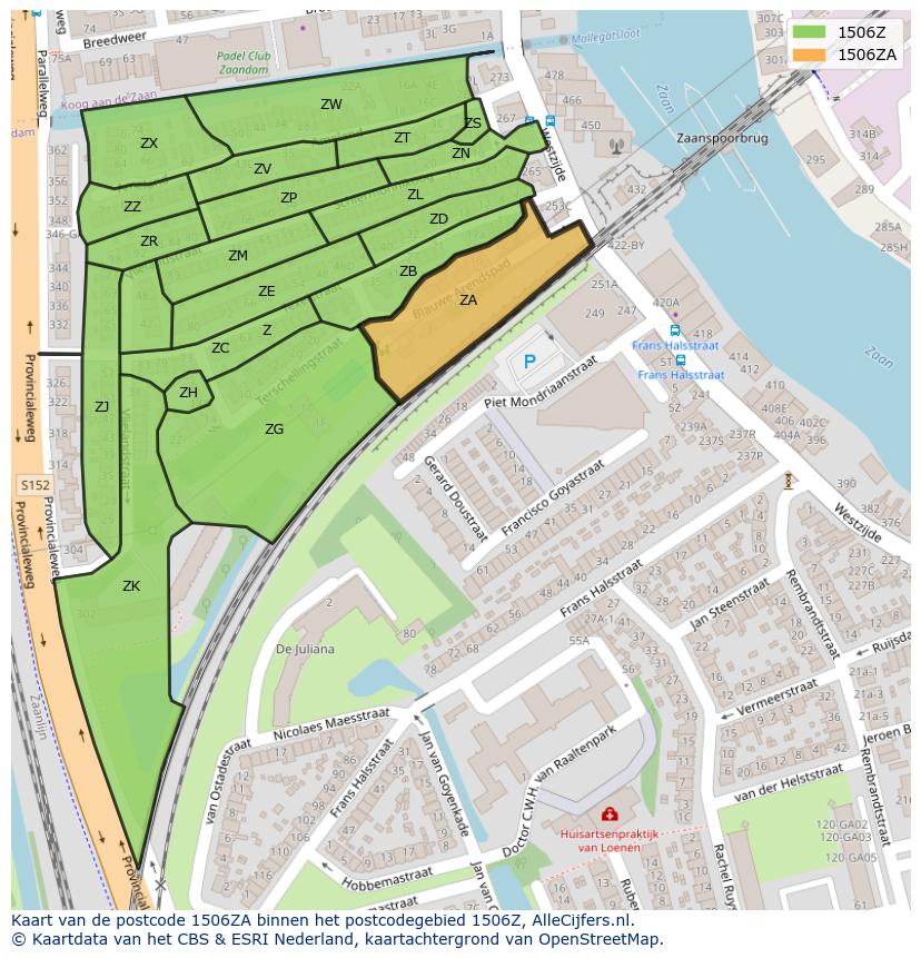 Afbeelding van het postcodegebied 1506 ZA op de kaart.