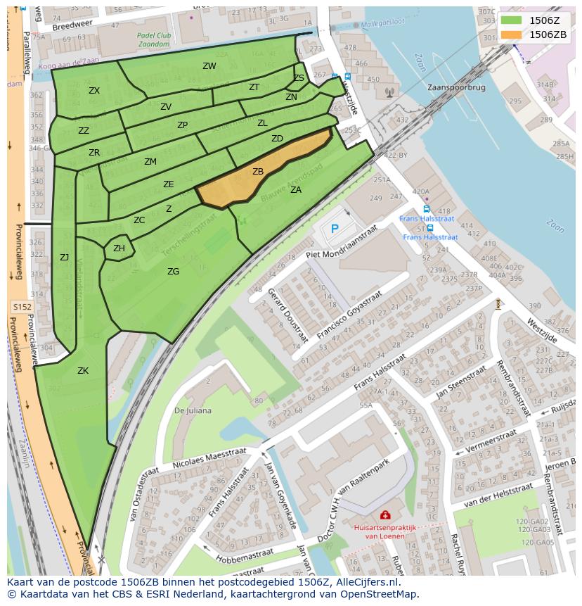 Afbeelding van het postcodegebied 1506 ZB op de kaart.