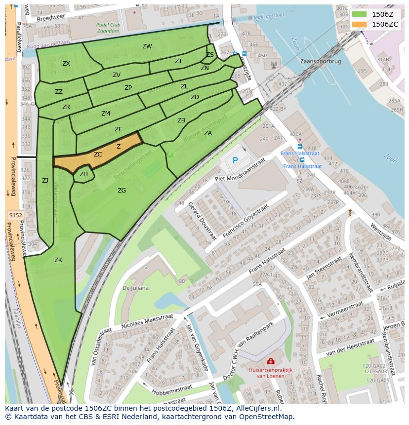 Afbeelding van het postcodegebied 1506 ZC op de kaart.