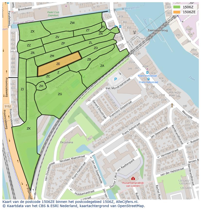 Afbeelding van het postcodegebied 1506 ZE op de kaart.