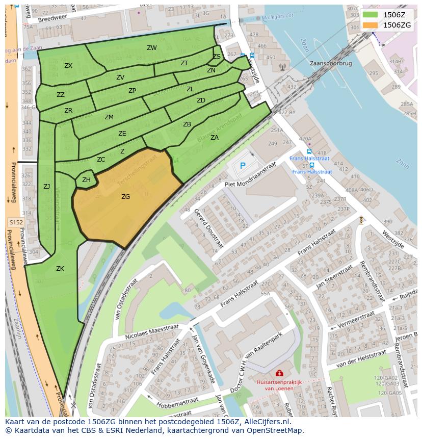 Afbeelding van het postcodegebied 1506 ZG op de kaart.