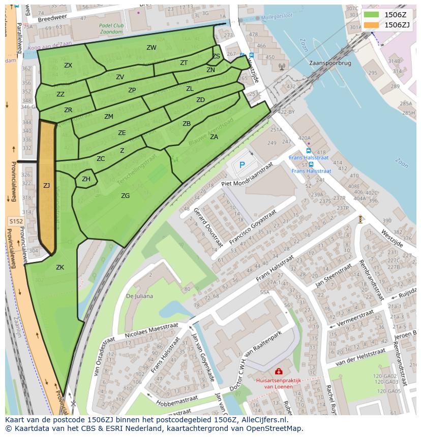 Afbeelding van het postcodegebied 1506 ZJ op de kaart.
