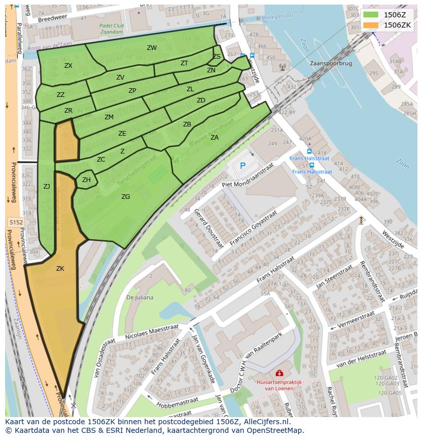 Afbeelding van het postcodegebied 1506 ZK op de kaart.