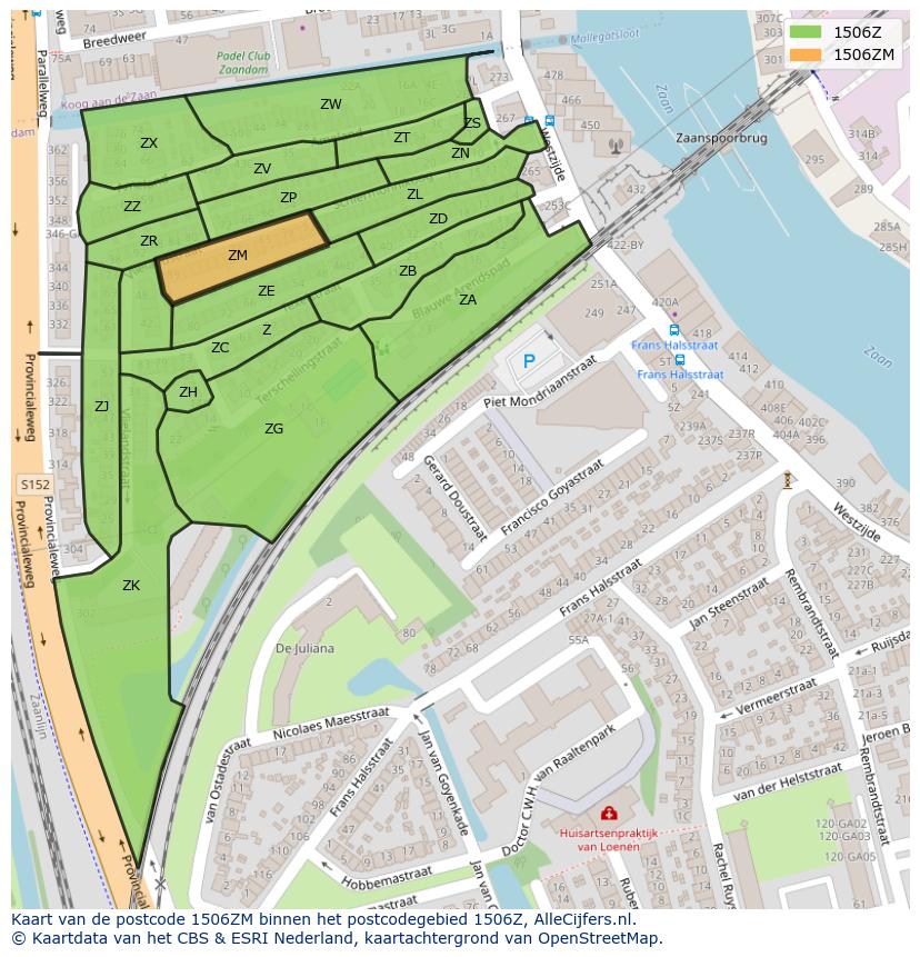 Afbeelding van het postcodegebied 1506 ZM op de kaart.