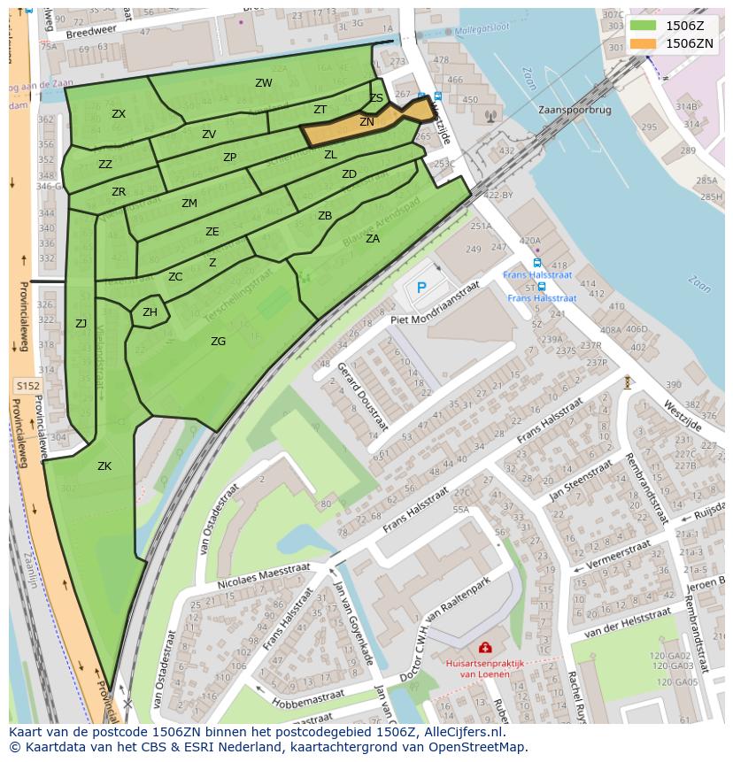 Afbeelding van het postcodegebied 1506 ZN op de kaart.