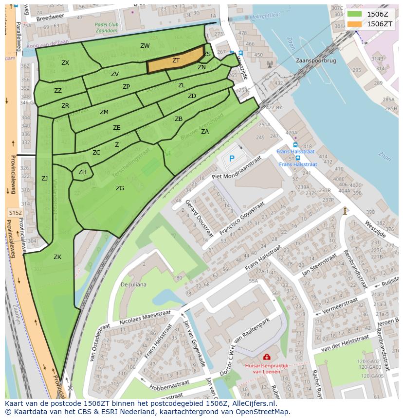 Afbeelding van het postcodegebied 1506 ZT op de kaart.