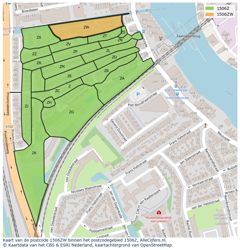 Afbeelding van het postcodegebied 1506 ZW op de kaart.
