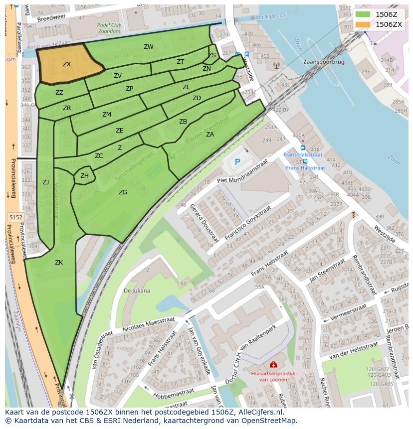 Afbeelding van het postcodegebied 1506 ZX op de kaart.
