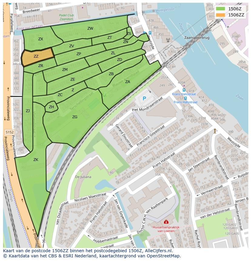 Afbeelding van het postcodegebied 1506 ZZ op de kaart.