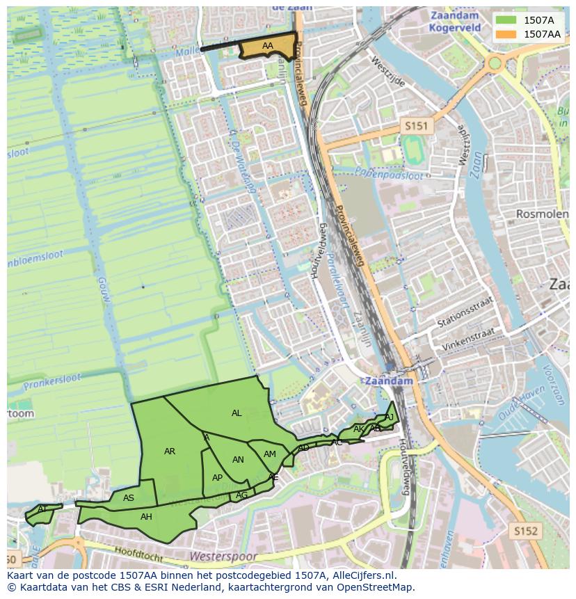 Afbeelding van het postcodegebied 1507 AA op de kaart.