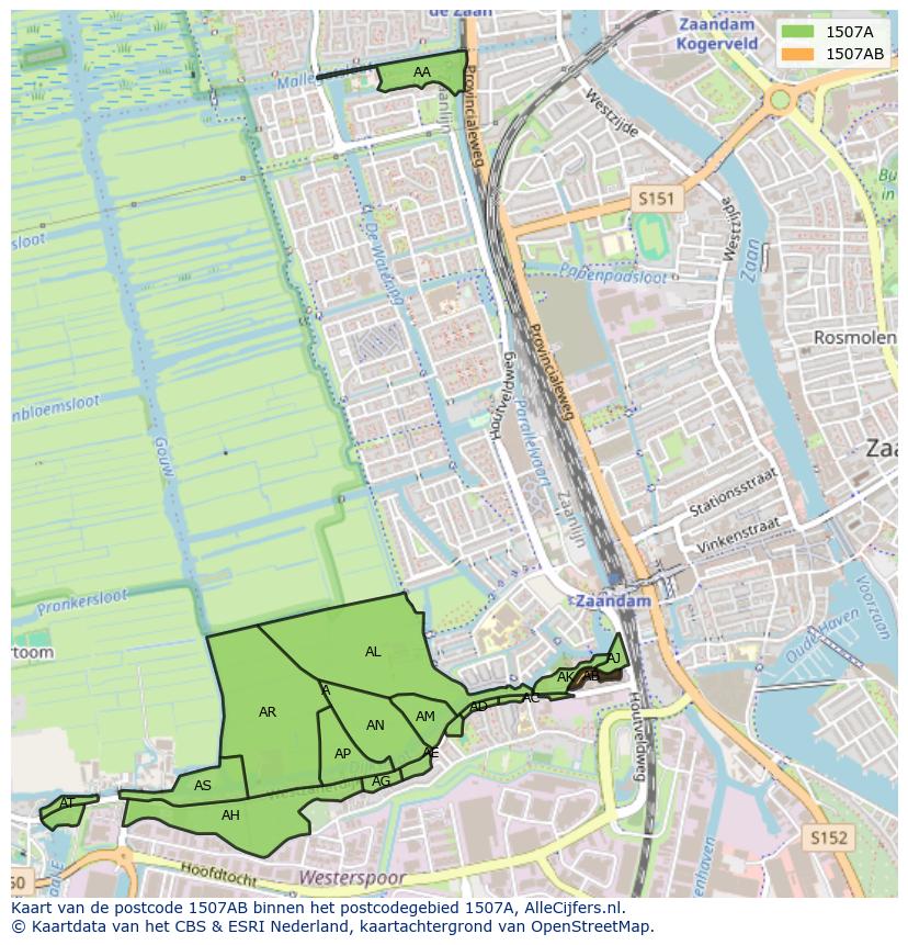Afbeelding van het postcodegebied 1507 AB op de kaart.