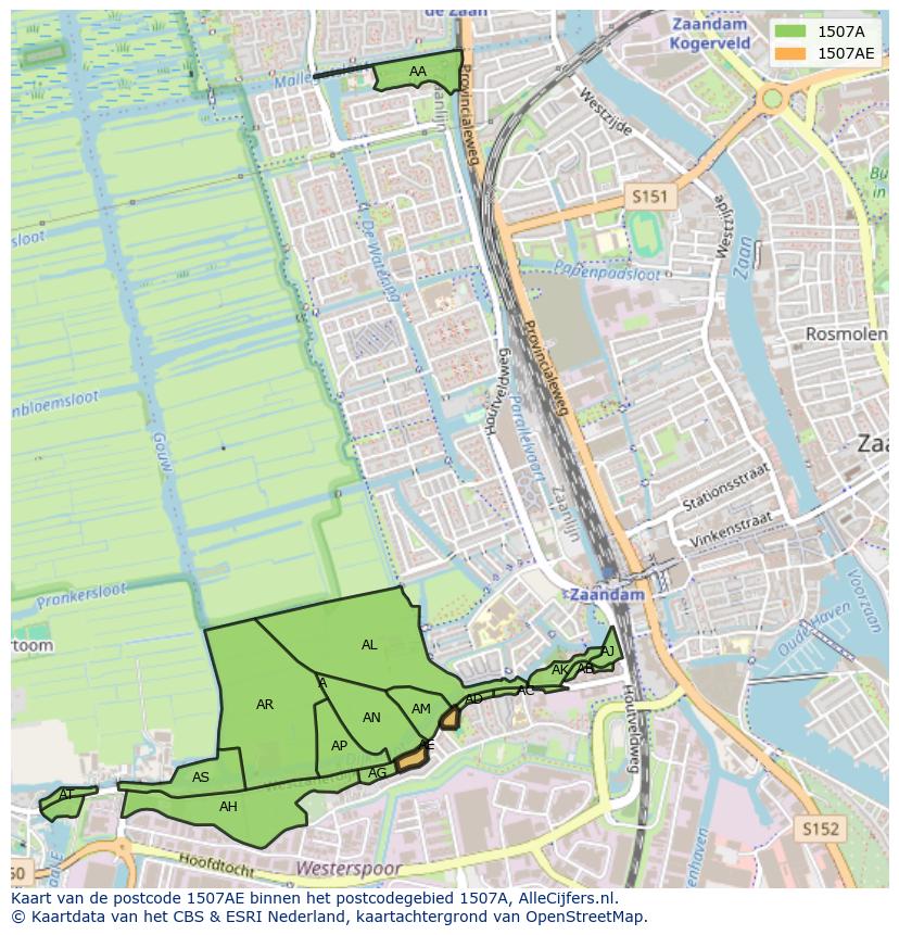 Afbeelding van het postcodegebied 1507 AE op de kaart.
