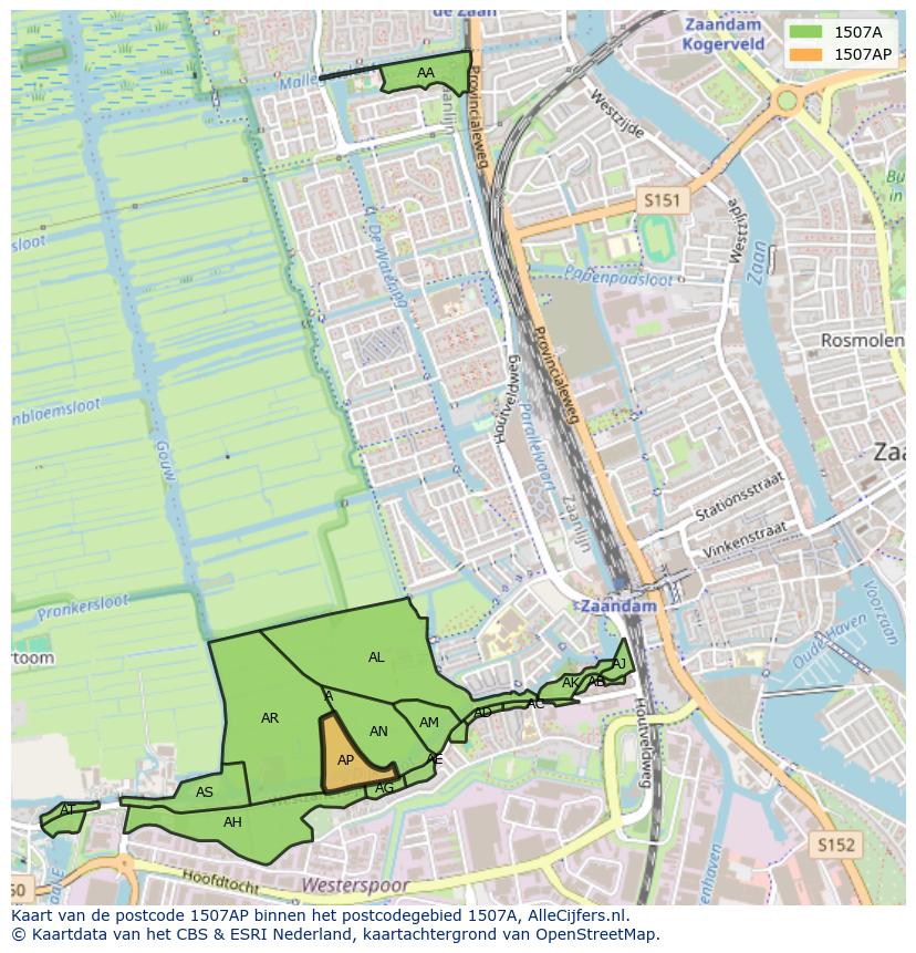 Afbeelding van het postcodegebied 1507 AP op de kaart.