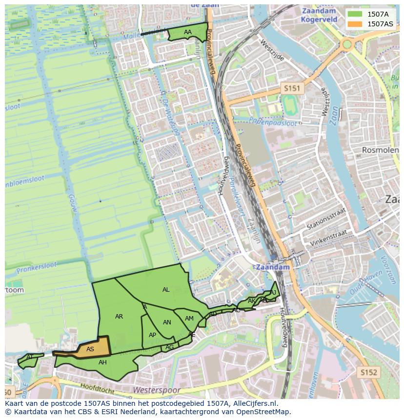 Afbeelding van het postcodegebied 1507 AS op de kaart.
