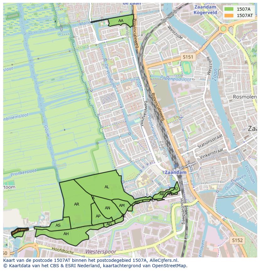 Afbeelding van het postcodegebied 1507 AT op de kaart.