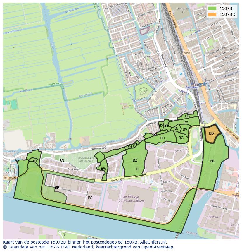 Afbeelding van het postcodegebied 1507 BD op de kaart.