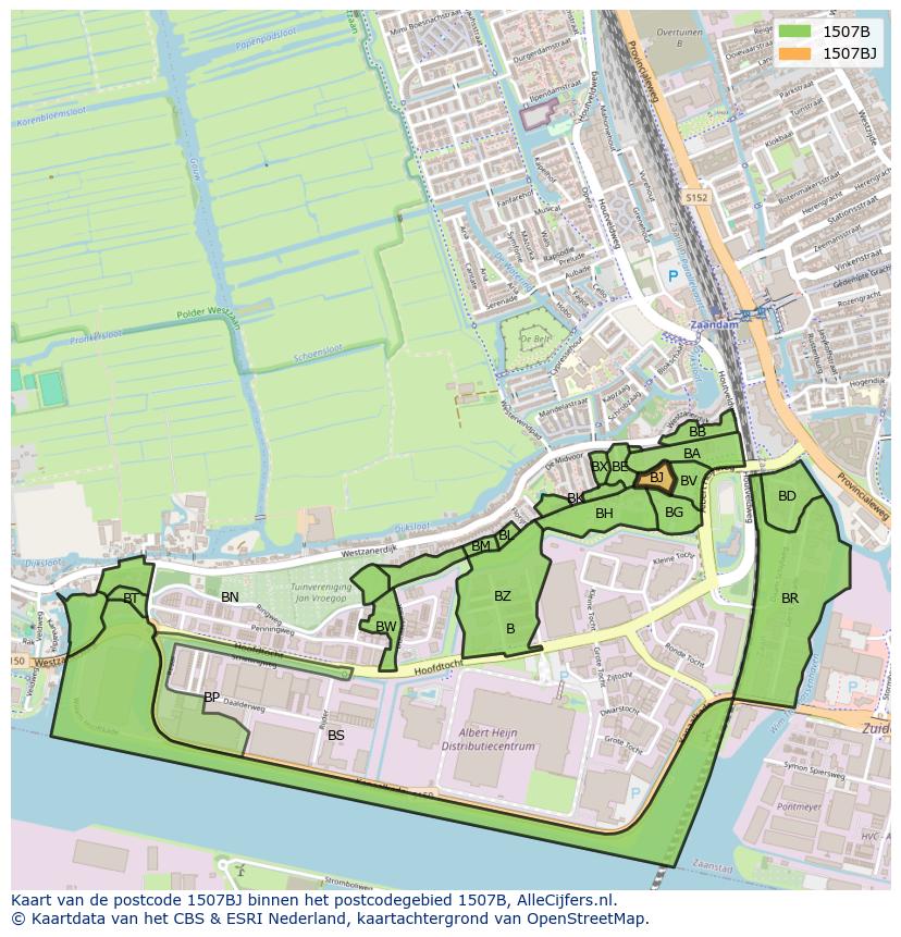 Afbeelding van het postcodegebied 1507 BJ op de kaart.