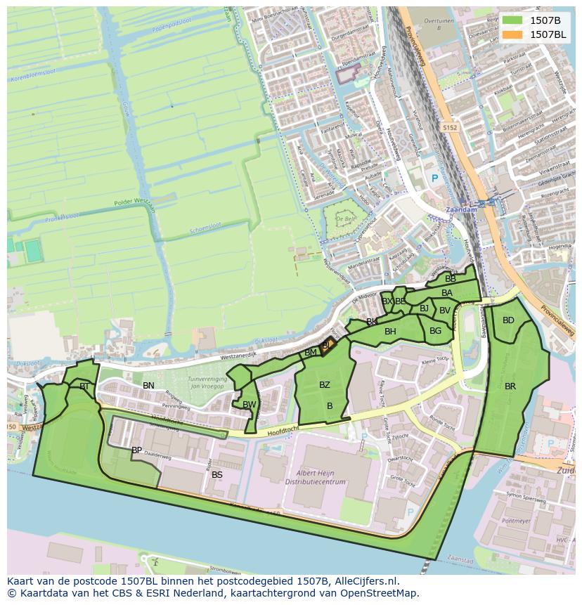 Afbeelding van het postcodegebied 1507 BL op de kaart.