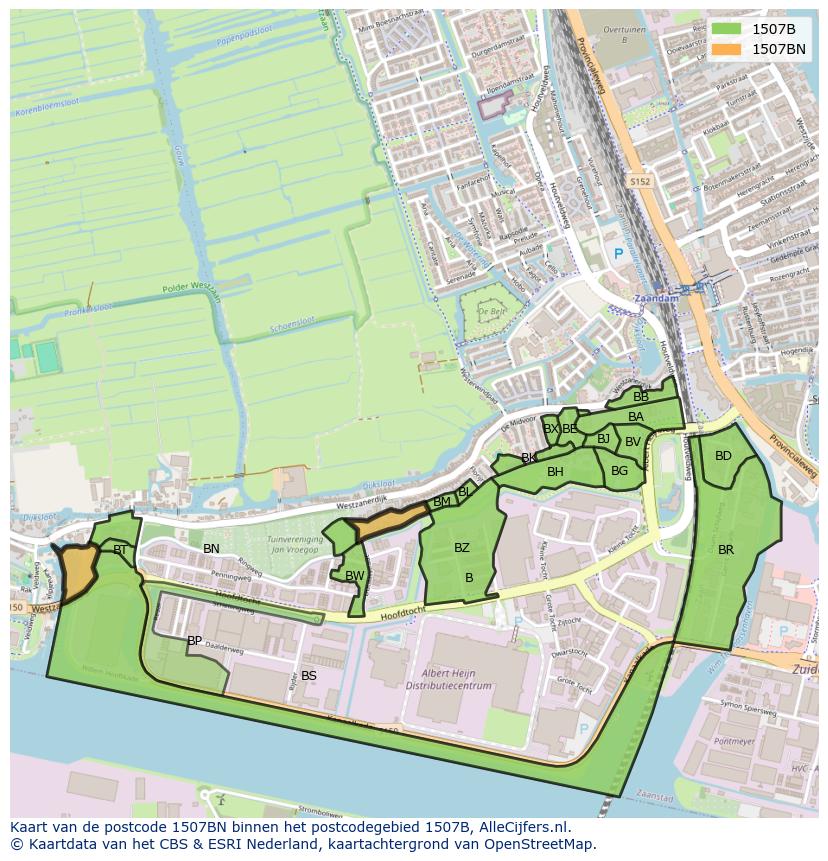 Afbeelding van het postcodegebied 1507 BN op de kaart.