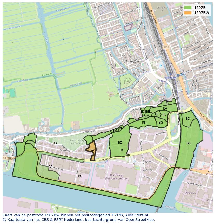 Afbeelding van het postcodegebied 1507 BW op de kaart.