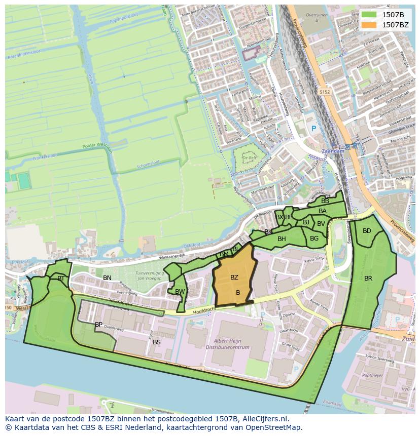 Afbeelding van het postcodegebied 1507 BZ op de kaart.