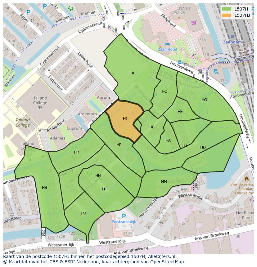 Afbeelding van het postcodegebied 1507 HJ op de kaart.