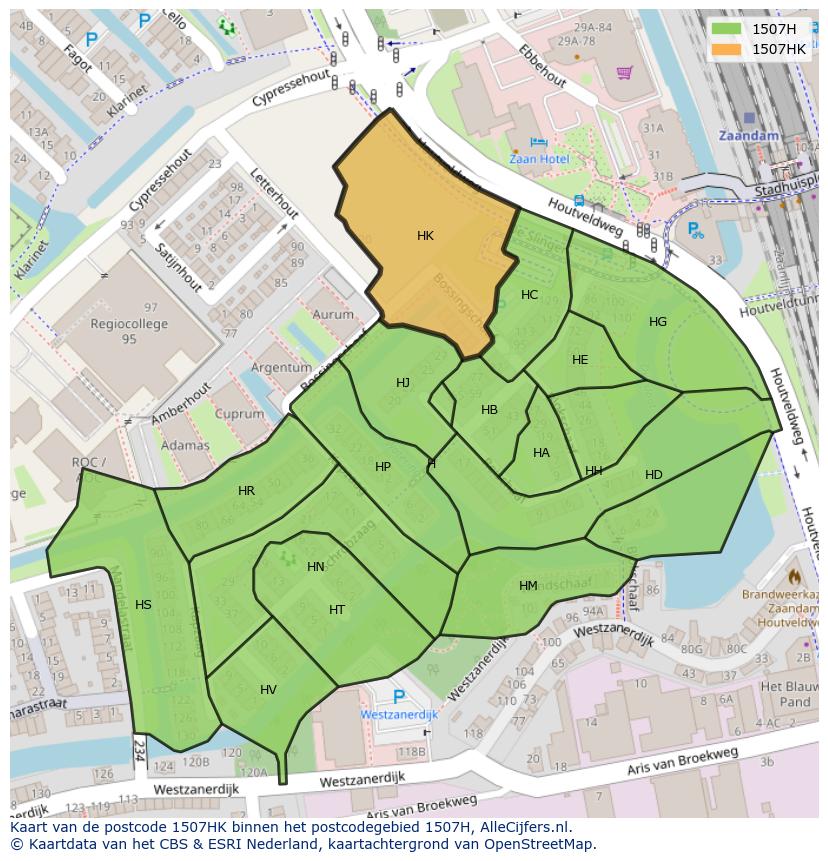 Afbeelding van het postcodegebied 1507 HK op de kaart.