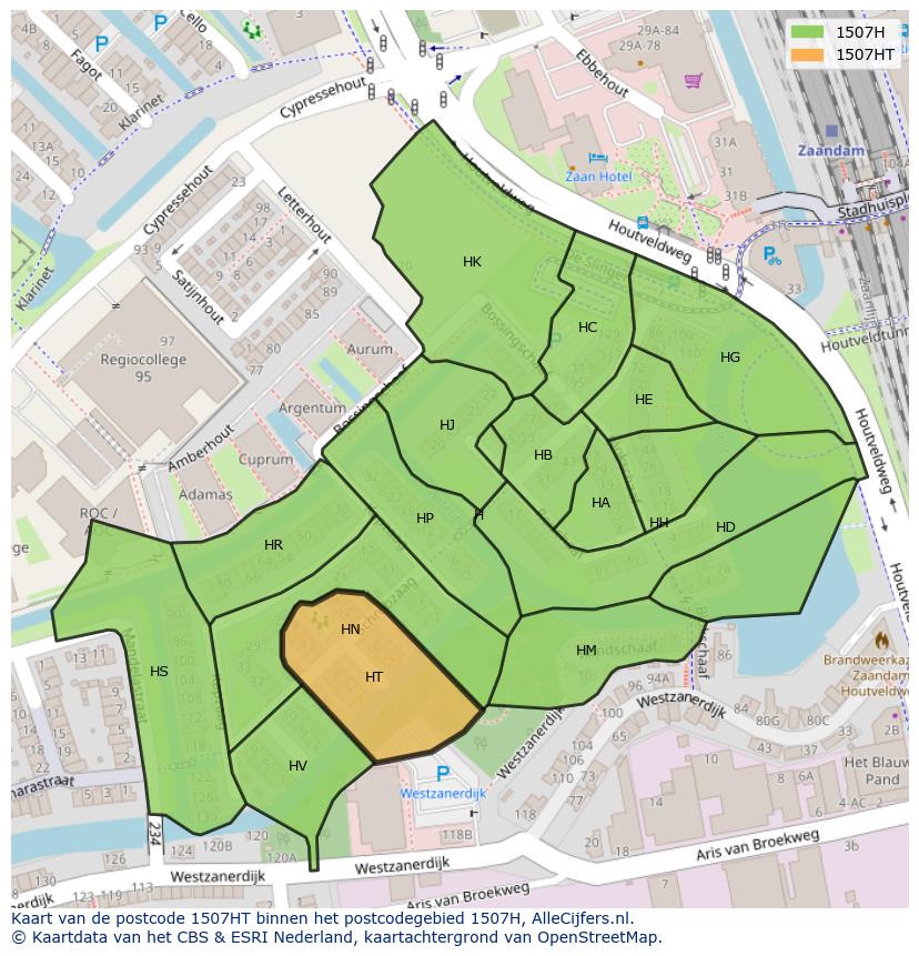 Afbeelding van het postcodegebied 1507 HT op de kaart.
