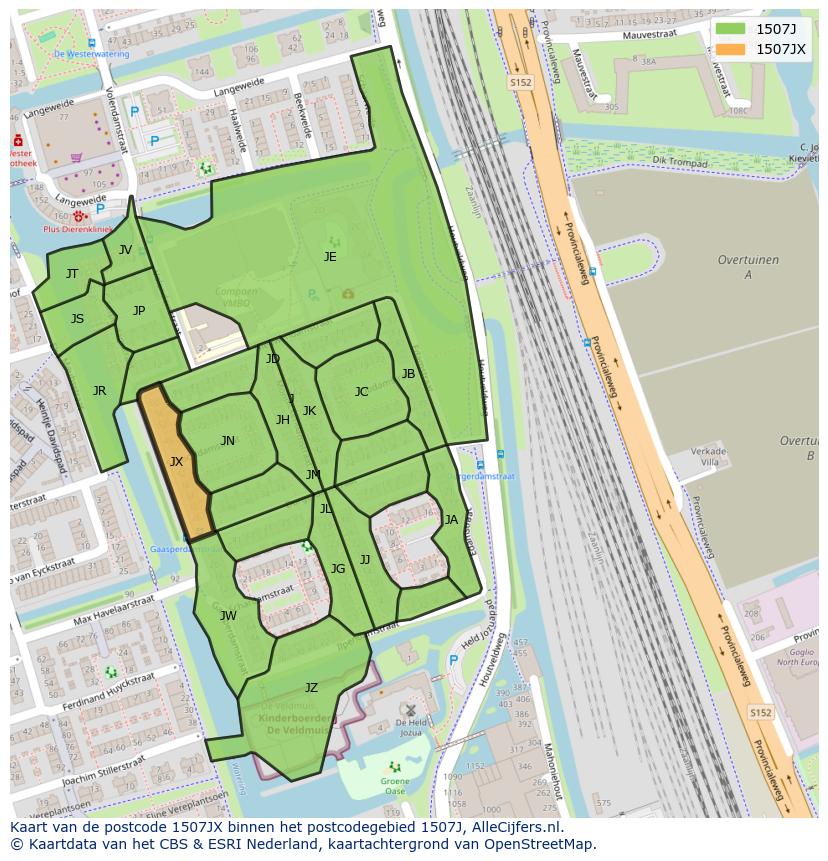 Afbeelding van het postcodegebied 1507 JX op de kaart.