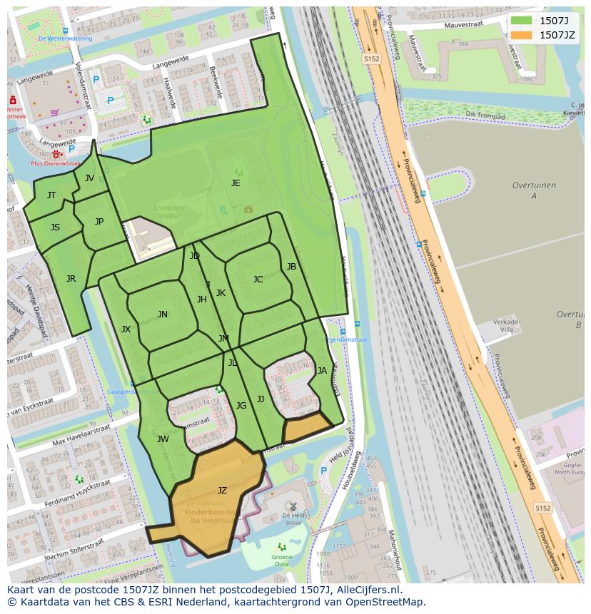 Afbeelding van het postcodegebied 1507 JZ op de kaart.