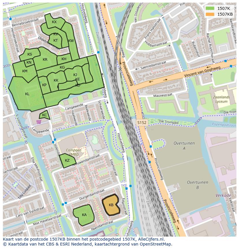 Afbeelding van het postcodegebied 1507 KB op de kaart.