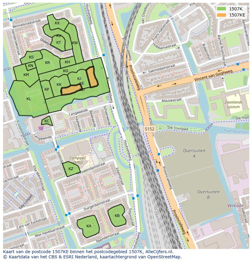 Afbeelding van het postcodegebied 1507 KE op de kaart.