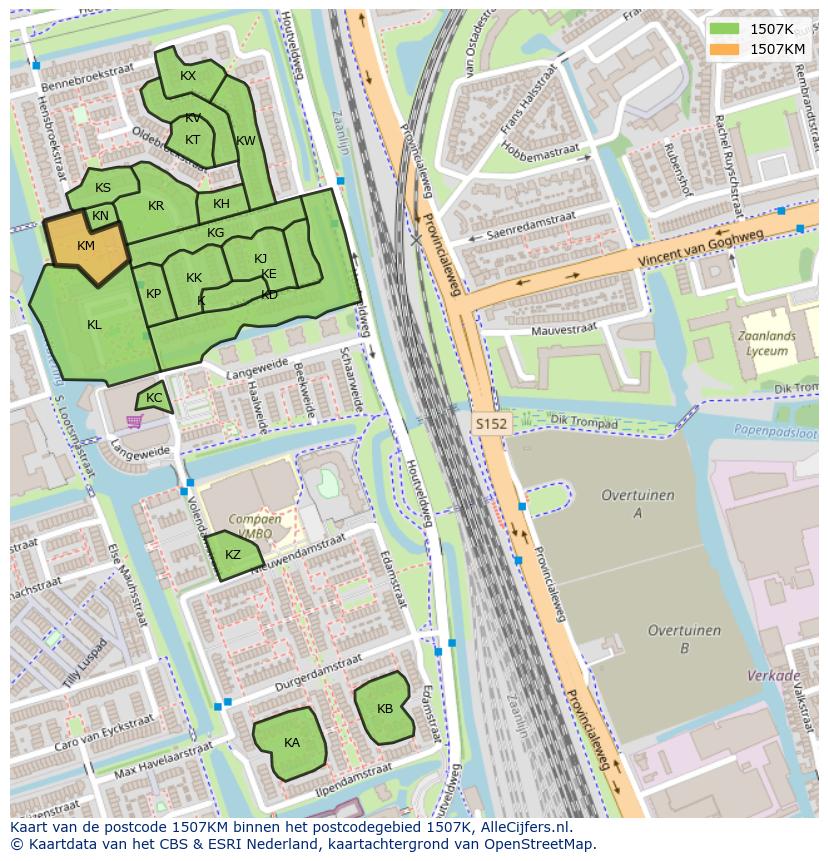 Afbeelding van het postcodegebied 1507 KM op de kaart.